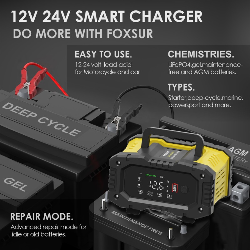 FOXSUR araba motosiklet pil şa - Smart Car Battery Charger 12V 24V 20A incelemesi ve fiyatı